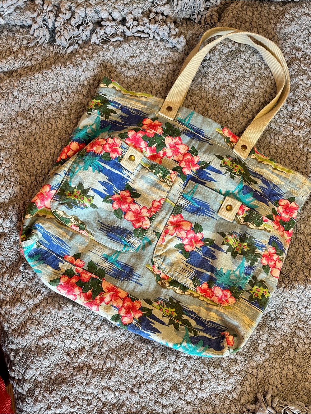 Hawaiian Print Mossimo Supply Co. Floral Canvas Casual Beach Pool Blue Tote